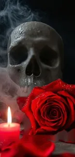 Skull with a red rose and candle in a smoky, gothic setting.