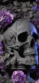 Intricate wallpaper of a skull with purple roses entwined, perfect for gothic themes.