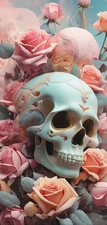 Surreal skull with roses wallpaper design.