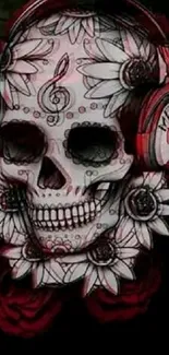 Mobile wallpaper featuring a skull with headphones and red roses in dark theme.