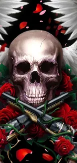 Skull with roses and wings on a dark background wallpaper.