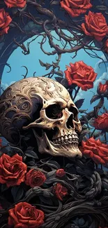 Gothic skull with red roses and blue sky wallpaper.