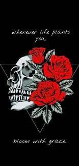 Skull with red roses on black background.