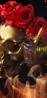 Golden skull with red roses and fiery drink on a dark background.