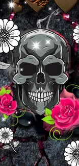 Dark skull wallpaper with vibrant roses.