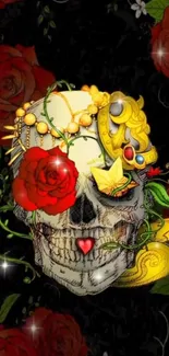 Colorful skull with roses wallpaper featuring gothic art style.