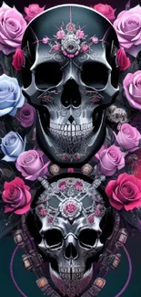 Artistic skull with roses mobile wallpaper in dark gothic style.