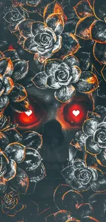 Dark art wallpaper with skull and glowing roses.