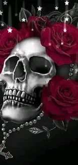 Skull with red roses and cross pendant on a dark background.