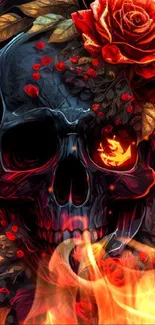 Dark skull with red roses mobile wallpaper.