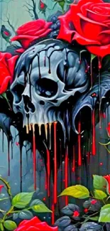 Gothic skull with vibrant red roses dripping color.