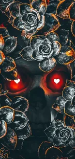 Dark art wallpaper featuring a skull with glowing red eyes and surrounding roses.