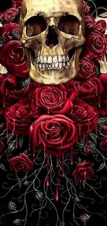 Mobile wallpaper with skulls and red roses on a dark background.