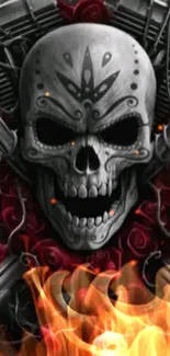 Dark wallpaper featuring a skull with red roses and mechanical elements.