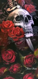 Gothic skull with red roses and dagger art.