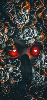 Dark wallpaper with skull and vibrant roses.