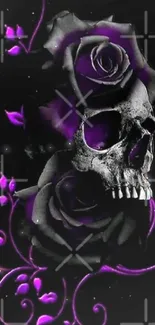 Dark wallpaper featuring skull and purple roses on black background.