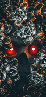 Dark skull and roses wallpaper with red eyes.