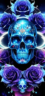 Neon blue skull with purple roses and butterflies, fantasy design.