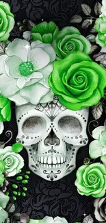 Skull with green roses on dark background.