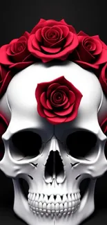 Mobile wallpaper with a skull and red roses on a black background.