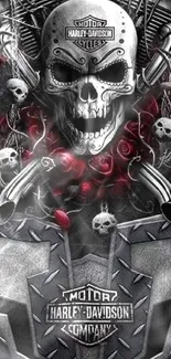 Gothic skull and roses with metallic elements wallpaper.