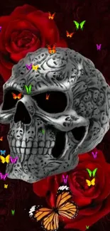 Gothic skull with roses and butterfly wallpaper.