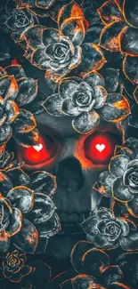 Skull with glowing eyes surrounded by roses in a dark, eerie wallpaper.