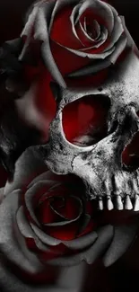 Dark skull with red roses mobile wallpaper featuring gothic art.