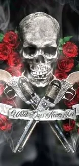 Skull with roses and guns, dark themed wallpaper.