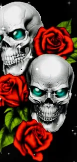 Wallpaper featuring skulls with red roses and green leaves on black background.