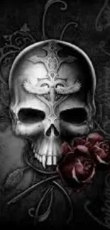 Dark gothic wallpaper of a skull adorned with roses.