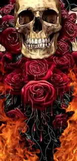 Skull with red roses and flames mobile wallpaper.