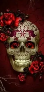 Dark red skull with roses wallpaper