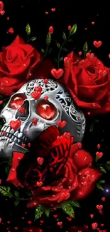 Silver skull with red roses and butterfly on a black background.