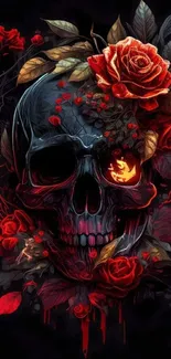 Gothic skull with red roses in dark wallpaper art.