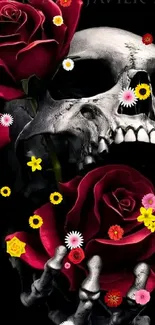 Dark skull with red roses mobile wallpaper art.