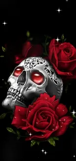 Artistic skull with red roses on black wallpaper.