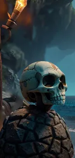 Fantasy skull on rocky shore with ocean.