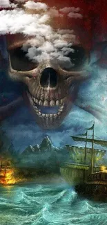 Dark fantasy art with a skull and ships in turbulent seas.