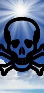 Black skull and crossbones on a vibrant blue sky with clouds.
