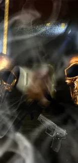 Golden skulls in smoke with dark tones.