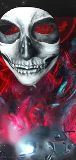 Surreal skull with red eyes amidst vibrant smoke art.