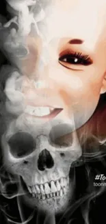 Mobile wallpaper with a skull and smoke effect on a smiling face.