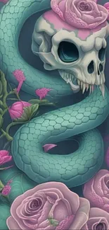 Illustration of a teal snake with a skull and pink roses.