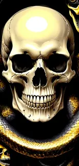 Artistic wallpaper of a skull entwined with a golden snake.