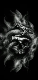 Black and white wallpaper with skull and snake art.