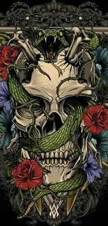 Gothic skull and serpent art with floral details on a black background.