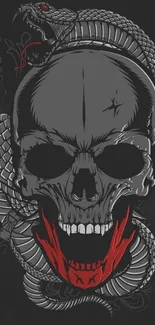 Dark skull and snake wallpaper with red accents.