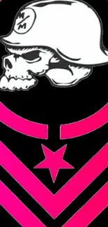 Skull wearing helmet over pink star on black background wallpaper.